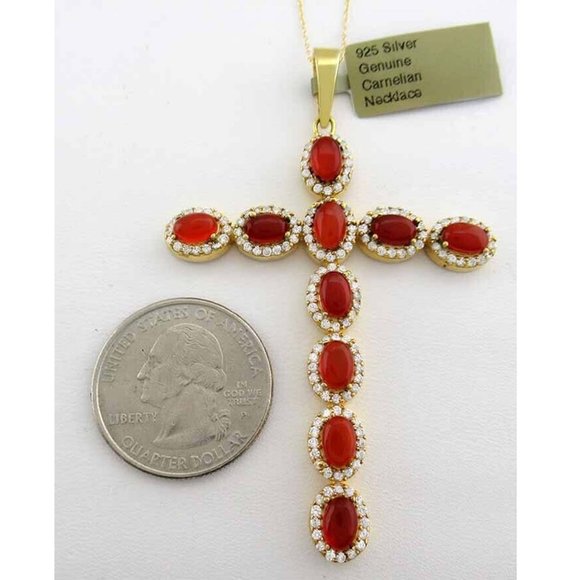 Genuine 13.32 Cts Carnelian & White Sapphire Cross Pendant Necklace .925 Silver